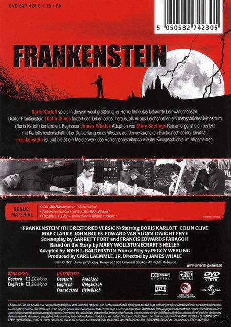 Frankenstein DVD-Cover. Eine Silhouette und ein Vollmond sind im Hintergrund.