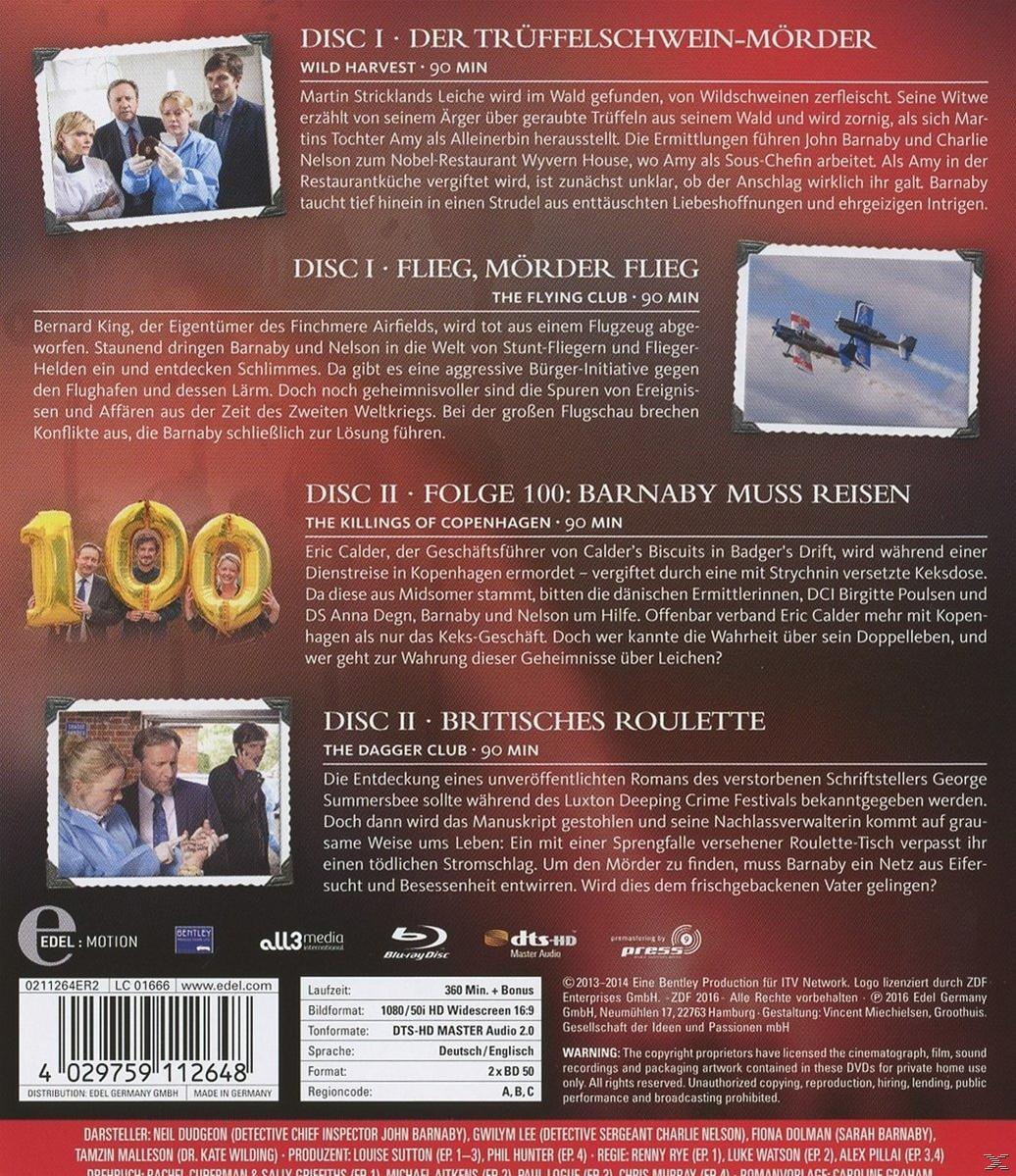 Midsomer Murders DVD-Cover. Personengruppe mit Text. Roter Hintergrund.