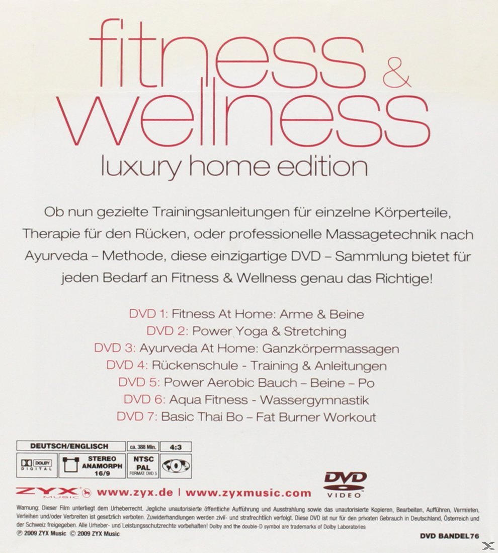 DVD-Cover mit dem Titel 'fitness & wellness'. Text und Bilder von Fitnessaktivitäten. Weißer Hintergrund.
