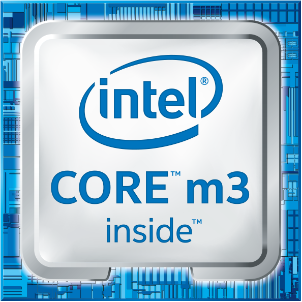 Intel Core m3 Logo in Blau auf silbernem Quadrat mit blauem Hintergrund.