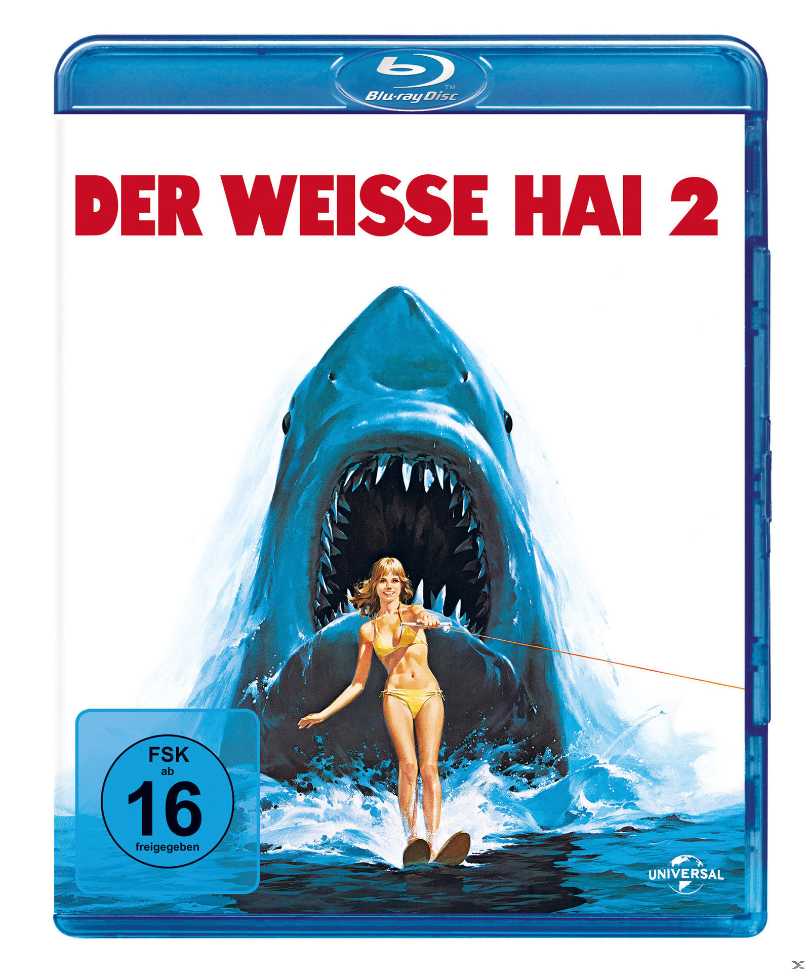Der weiße Hai 2 Blu-ray-Cover. Hai mit offenem Maul, Frau auf Wasserskiern.