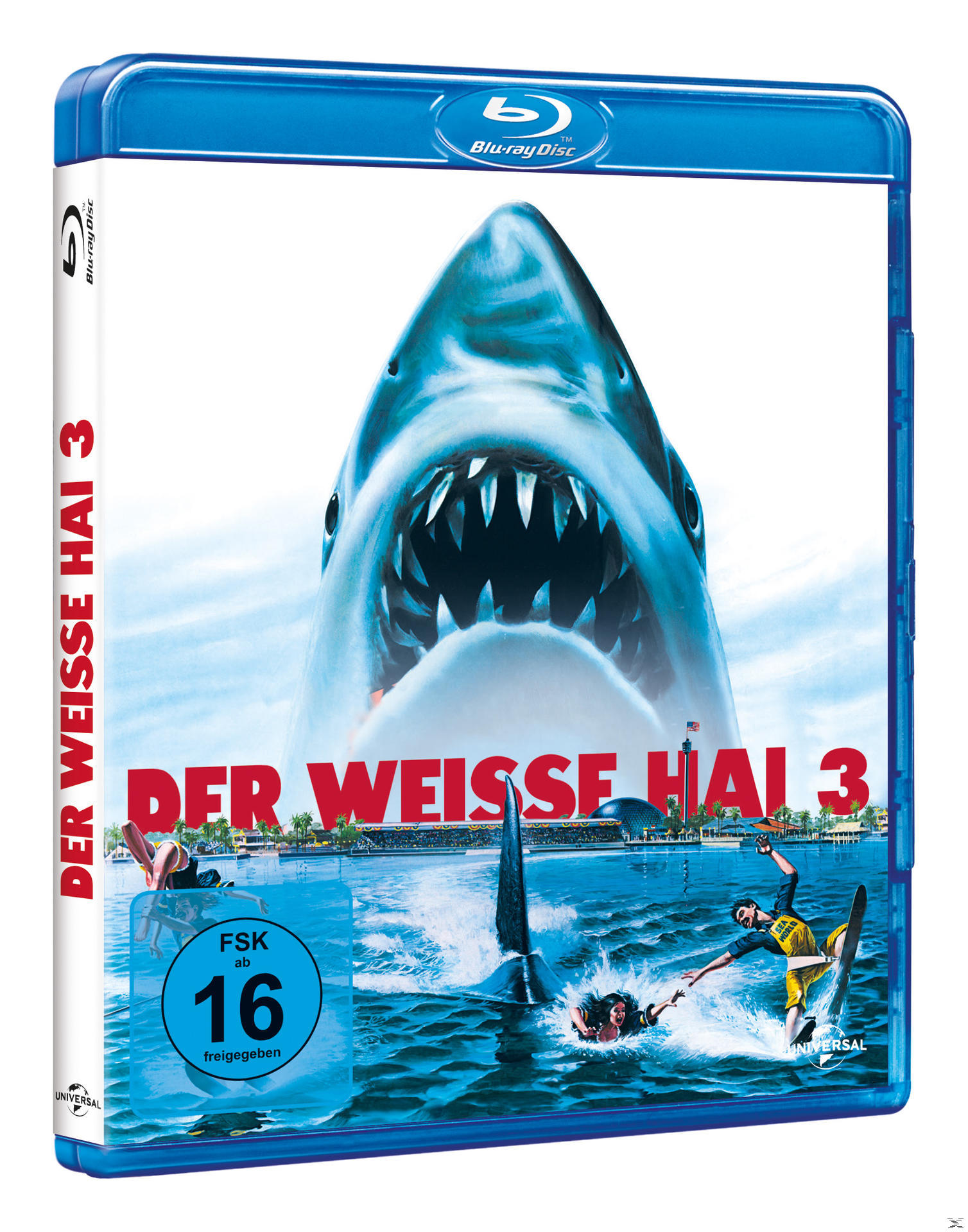 Filmdvd-Cover: Ein Hai greift Menschen im Wasser an, mit dem Titel 'Der Weisse Hai 3'.