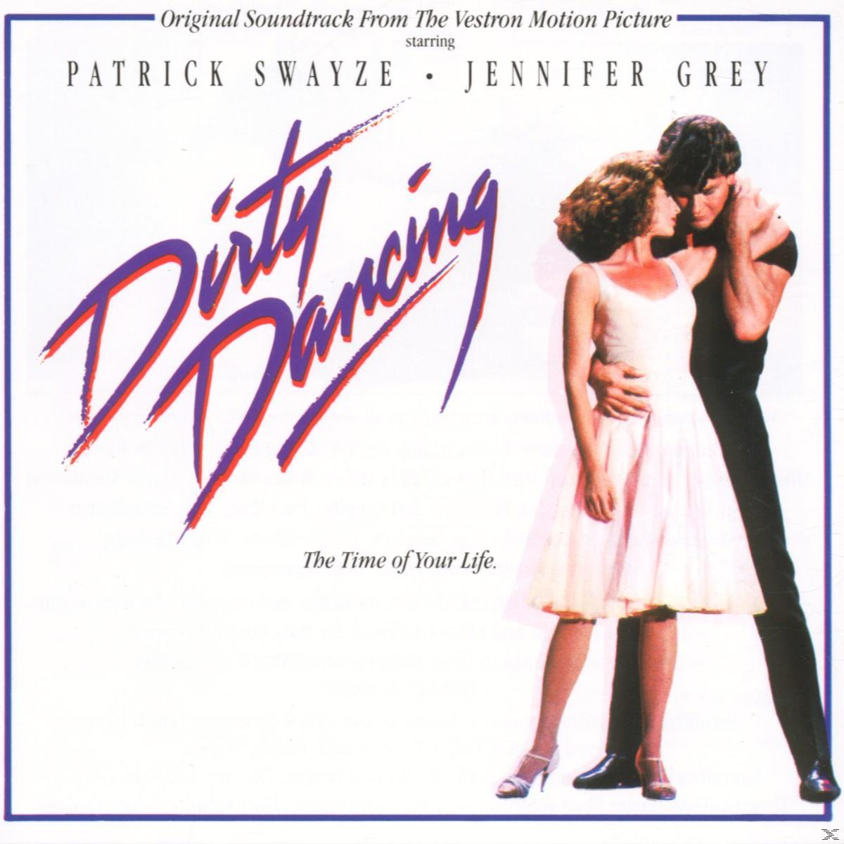 A Dirty Dancing film borítója. Patrick Swayze és Jennifer Grey ölelése. Lila cím. Kék szegély.