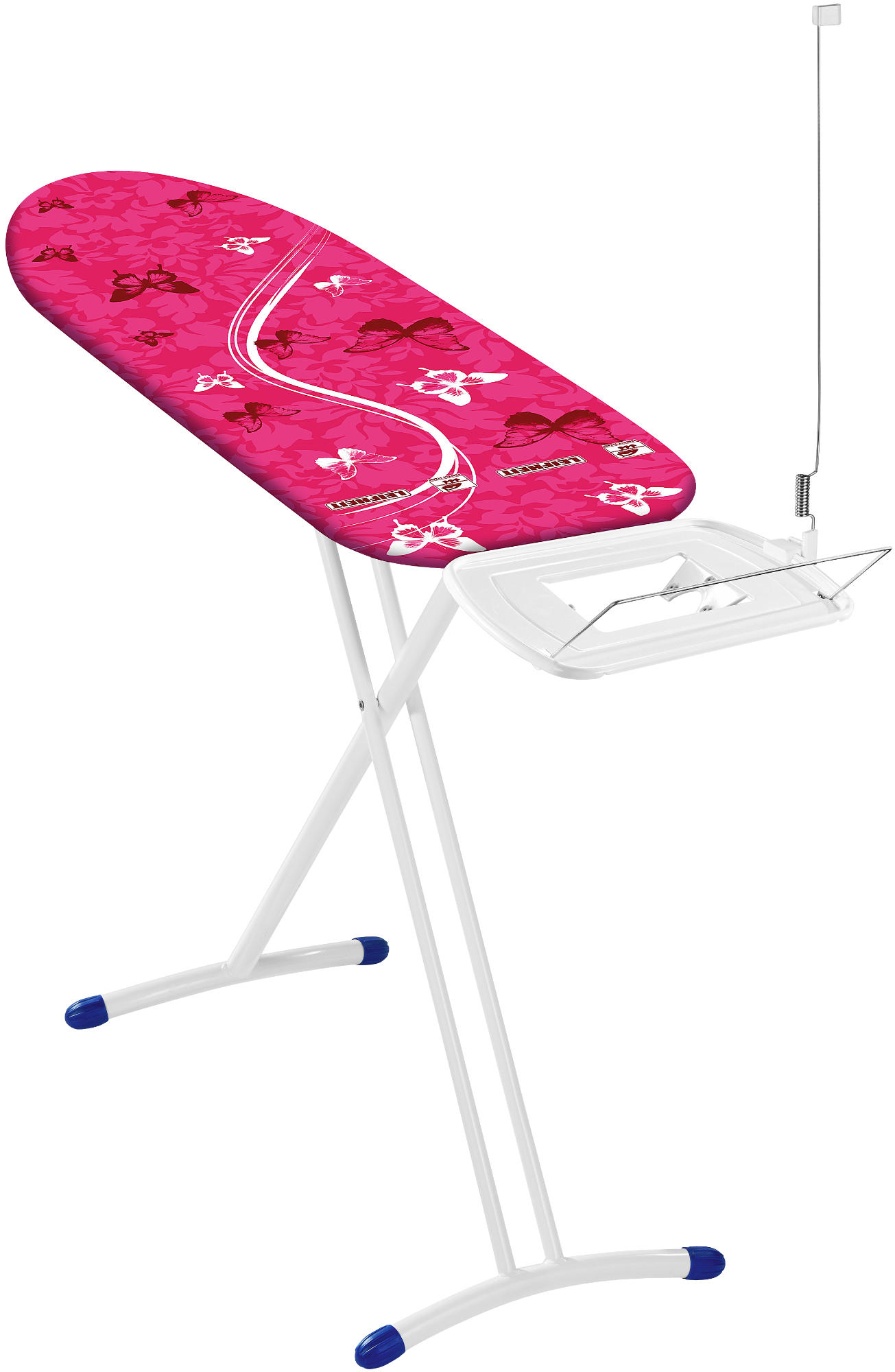 Deska do prasowania z różowym kwiecistym pokrowcem, ze stojakiem.