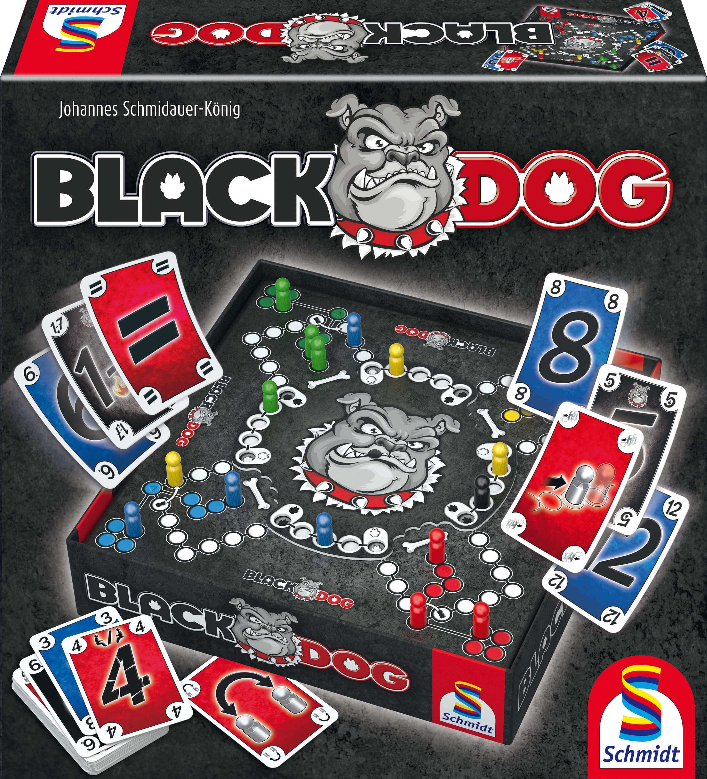 Black Dog Brettspielbox mit Spielsteinen und Karten.