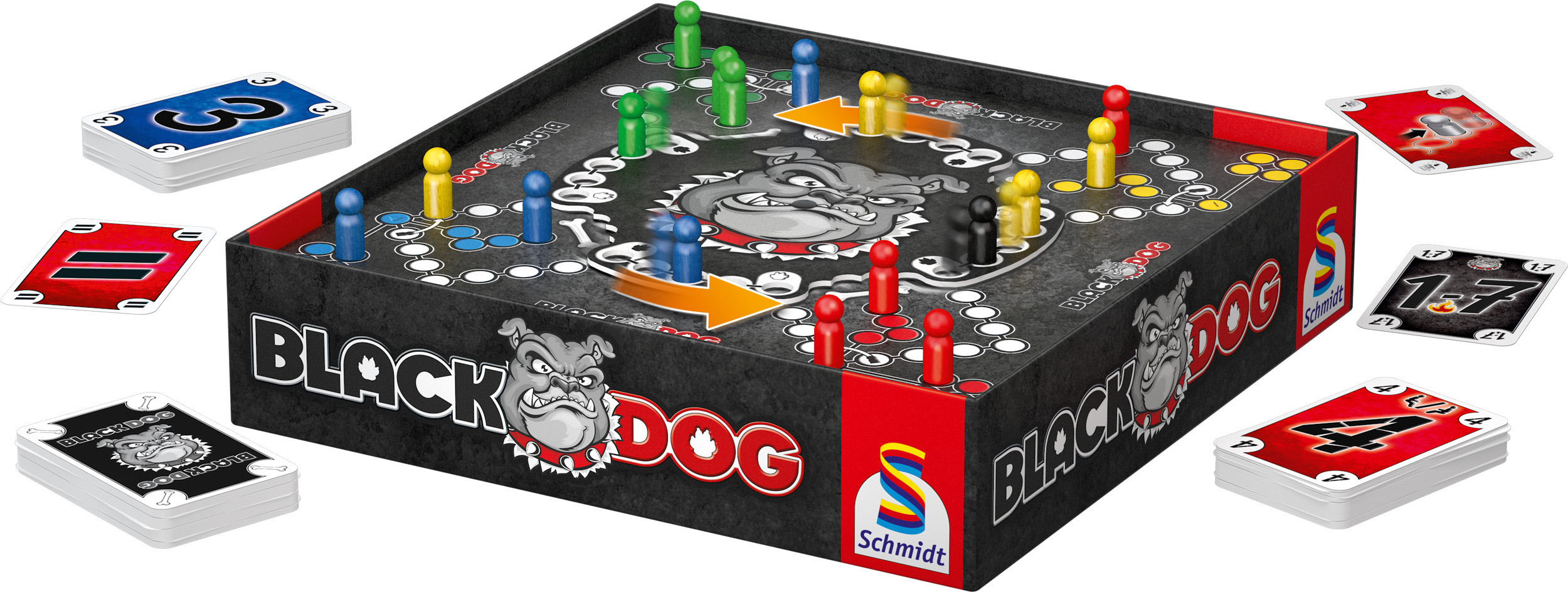 Ein Brettspiel namens 'Black Dog'. Es zeigt ein Bulldoggenbild und Spielfiguren auf dem Spielbrett.