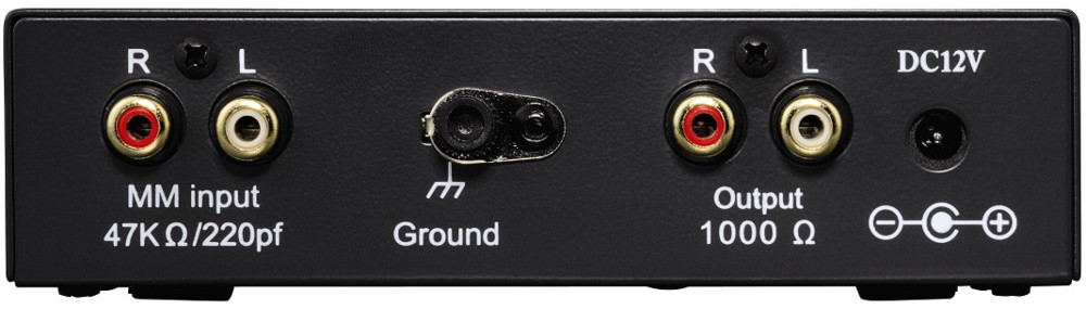A black electronic device with input and output ports.
