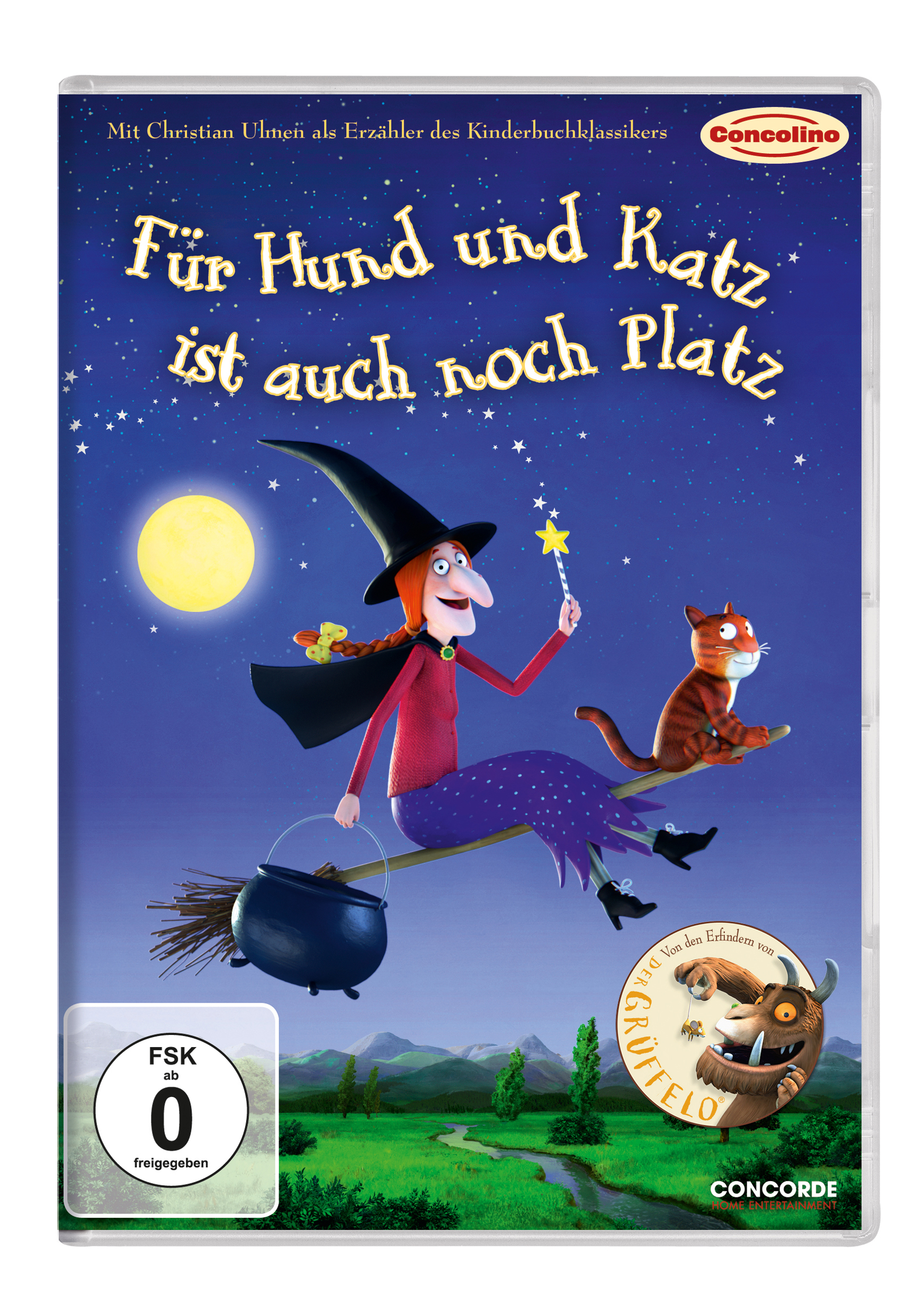 Eine DVD-Hülle mit einer Hexe und einer Katze, die nachts fliegen.
