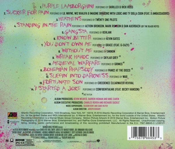 Album borítója dalcímekkel és előadókkal. Olyan szövegeket tartalmaz, mint a 'Purple Lamborghini' és a 'Sucker for Pain'.