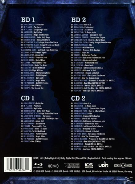 Rückseite einer Blu-ray-Hülle mit Titellisten für zwei CDs einer Metal-Musik-Compilation.