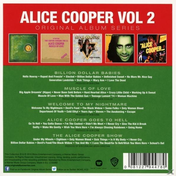 Rückseite des Albumcovers mit Titellisten und Albumcovern der 'Alice Cooper'-Serie.