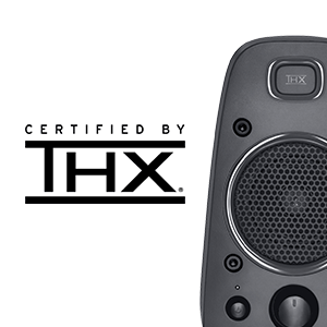 Black speaker with THX logo, right side view, against a white background.