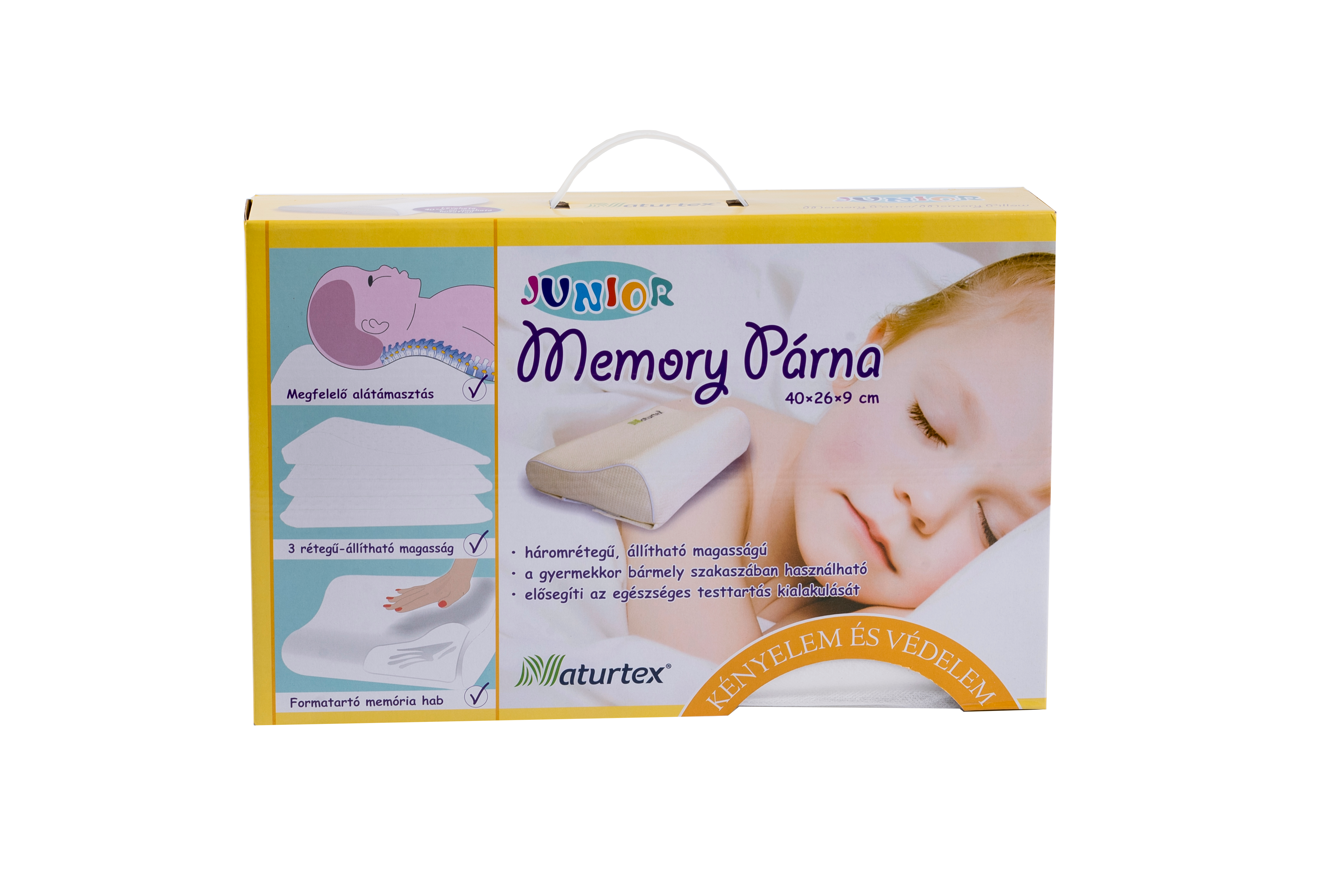 Junior memory párna doboza, rajta egy gyerekkel, aki a párnán alszik.