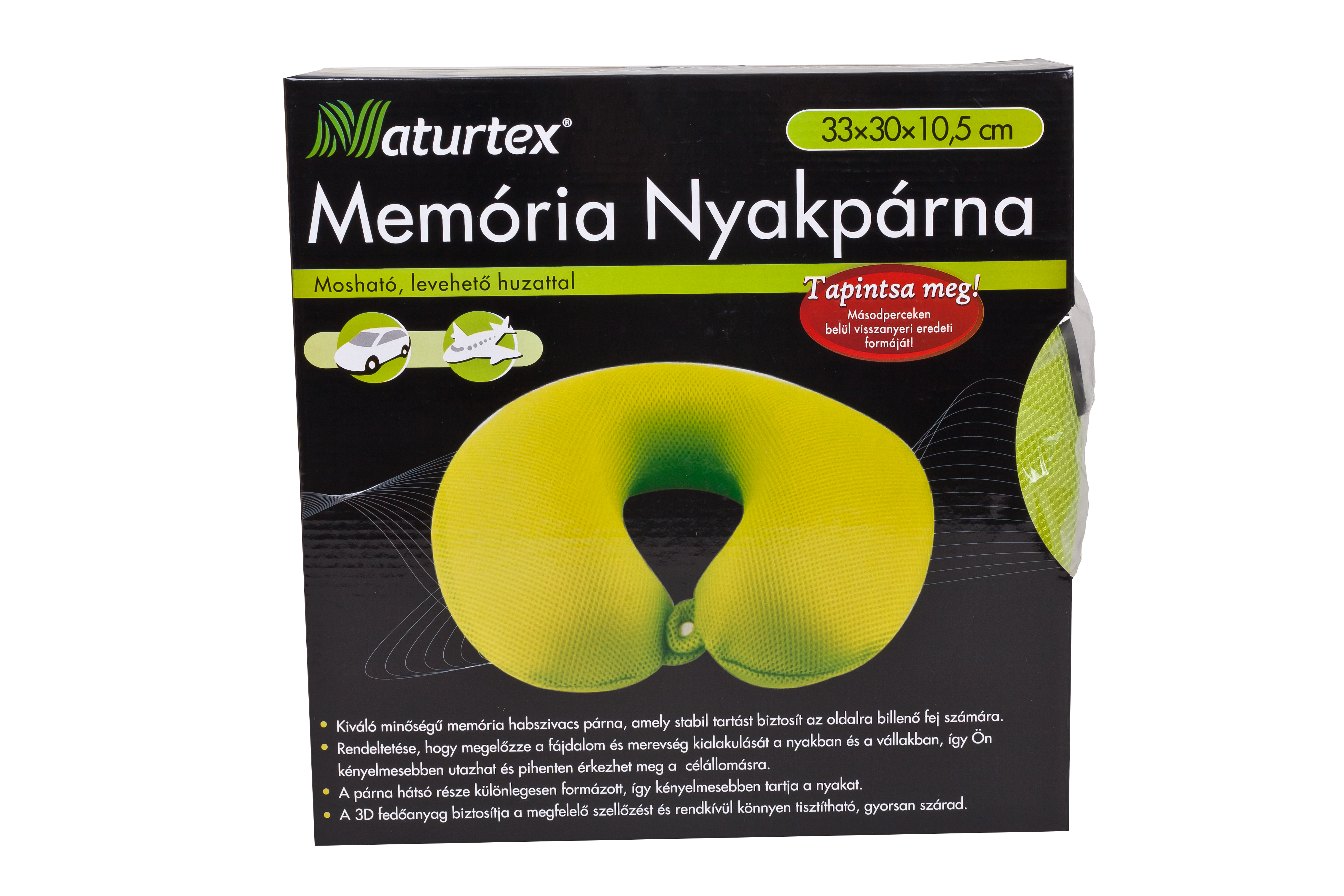 Sárga nyakpárna fekete dobozban, fehér háttér. Szöveg több nyelven.