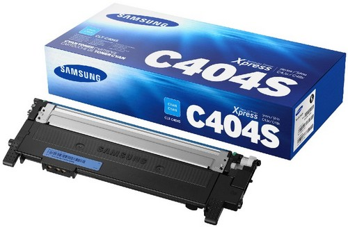 Cartouche de toner cyan Samsung C404S et boîte. Fond blanc.
