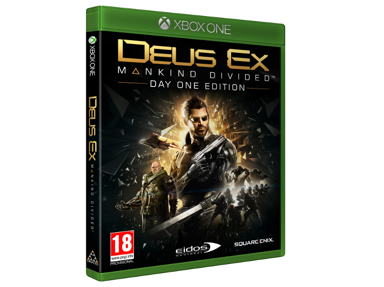 Deus Ex játék borító, napszemüveges férfi, futurisztikus környezet.