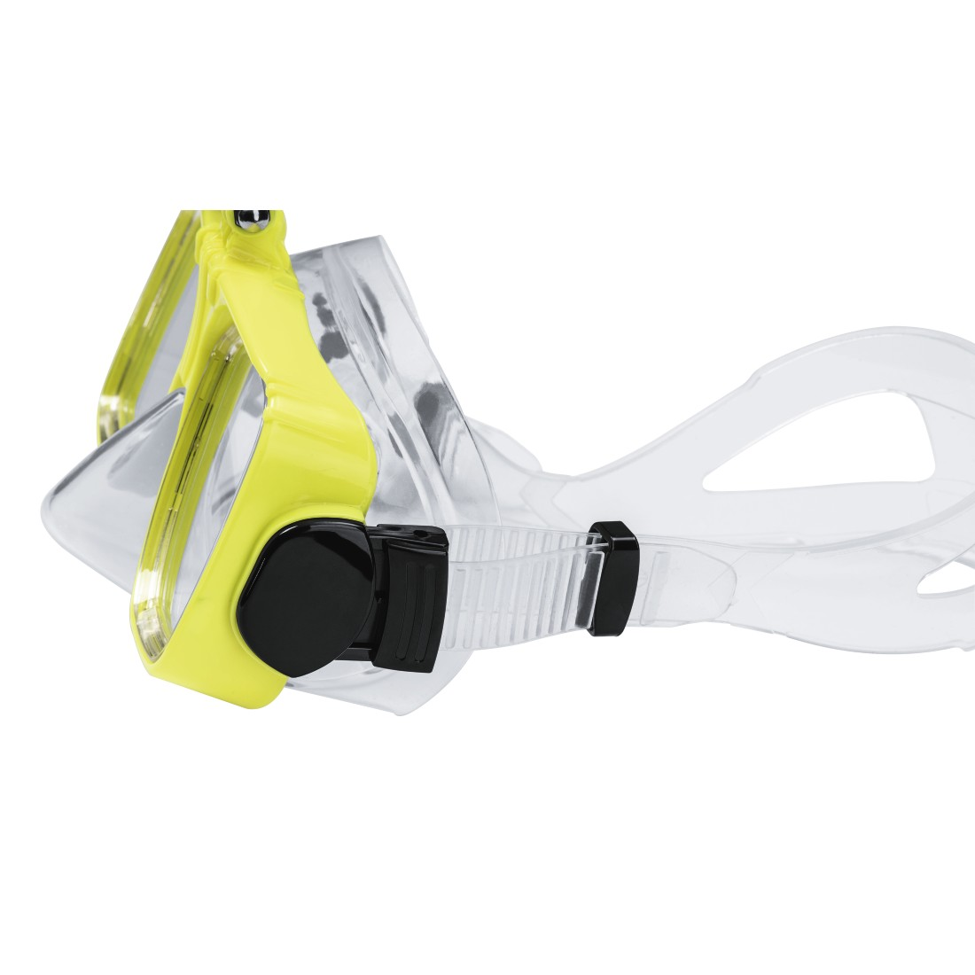 Una maschera subacquea con montatura gialla e lenti trasparenti.