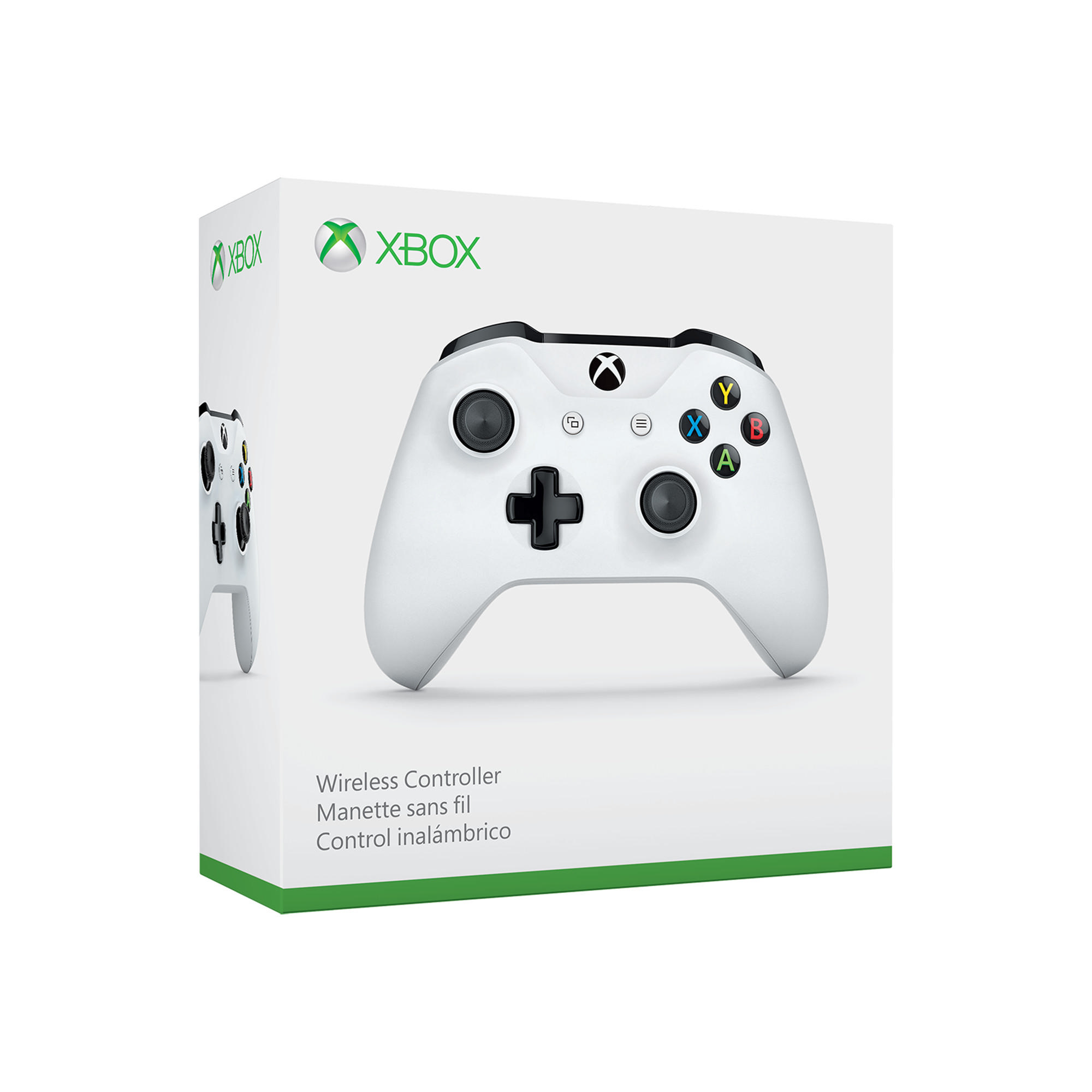Beyaz Xbox denetleyicisi bir kutuda. Denetleyici görüntüsü olan yeşil ve beyaz kutu.