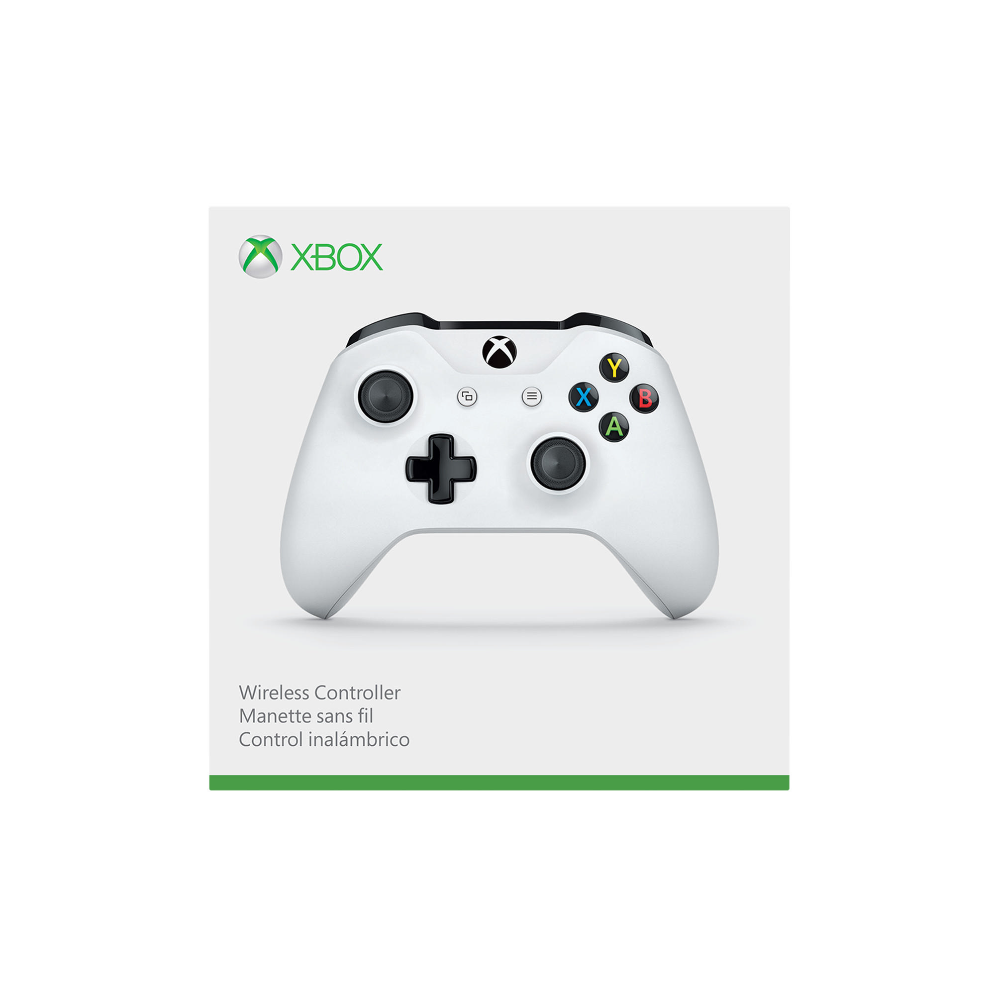 Düğmeleri ve yeşil bir Xbox logosu olan beyaz Xbox denetleyicisi.