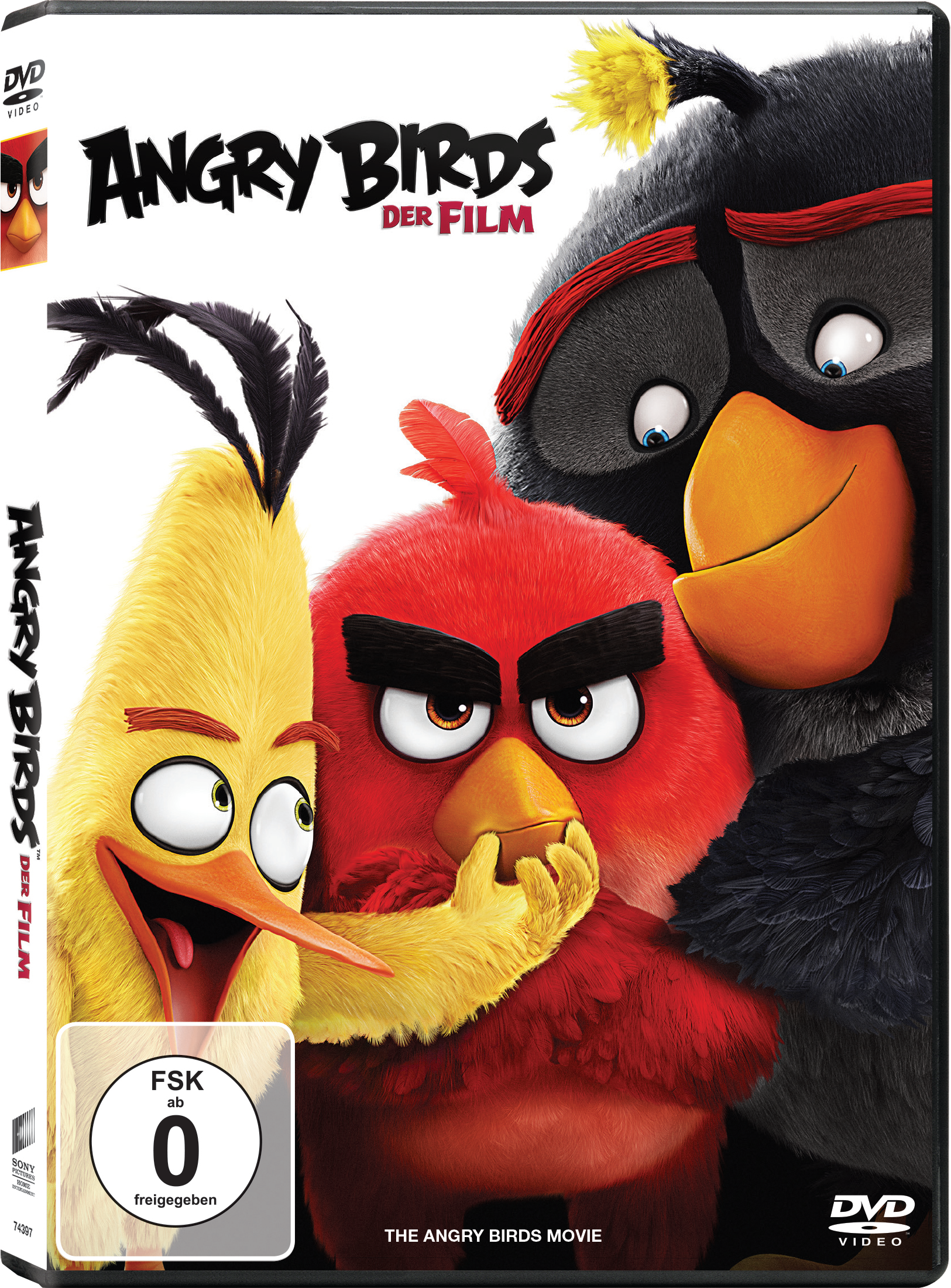 Angry Birds Film-Cover mit drei Vögeln: einem gelben, roten und schwarzen Vogel. DVD-Hülle und Logo sichtbar.