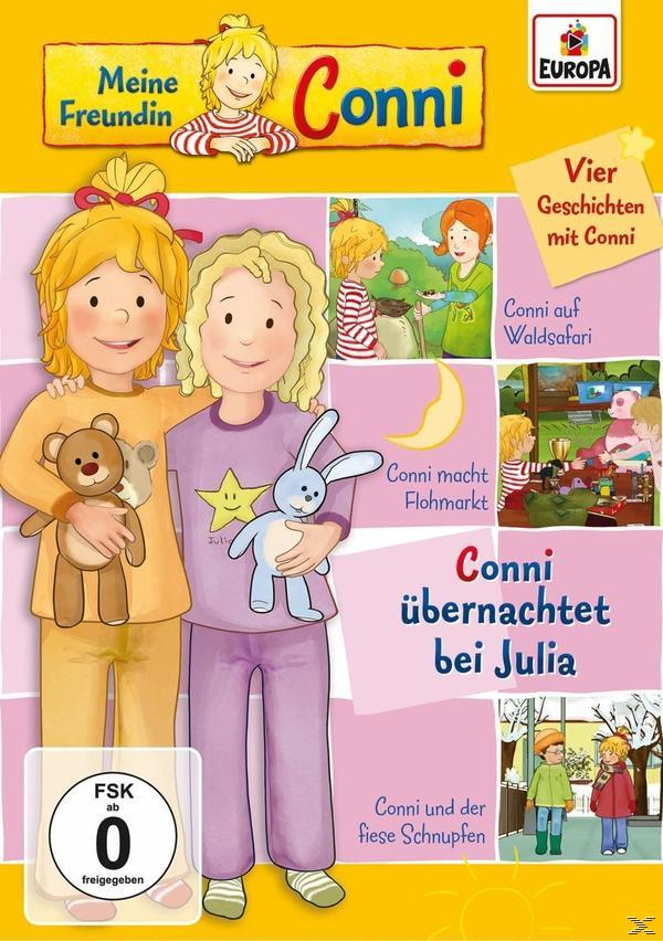 DVD-Cover: Zwei Mädchen mit Spielzeug. Mehrere Bilder zeigen Conni bei verschiedenen Ereignissen und der Titel.