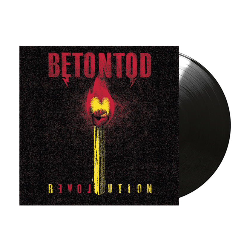 Albumcover mit dem Wort 'BETONTOD' in Rot, einem brennenden Streichholz und 'REVOLUTION' in Gelb. Eine schwarze Schallplatte.