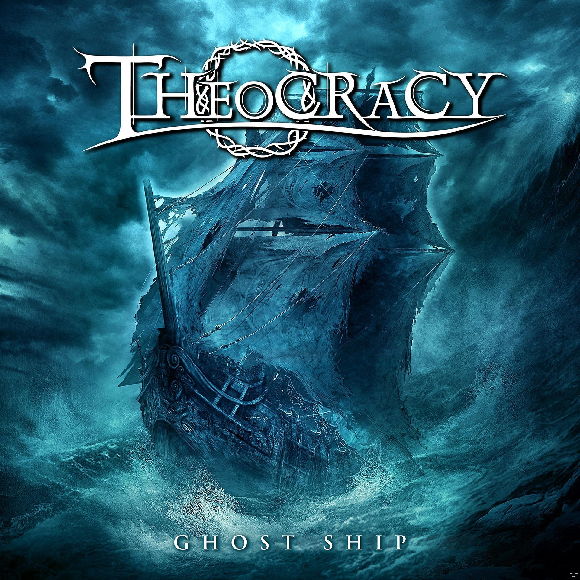 Albumcover: Theocracy, Ghost Ship. Schiff auf stürmischer See, dunkler Himmel.