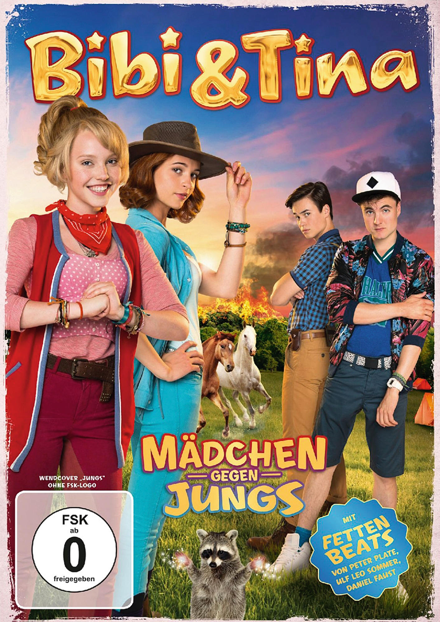 Bibi & Tina DVD-Cover. Vier junge Leute, zwei Mädchen und zwei Jungen, vor Pferden. Titel: Mädchen gegen Jungs.