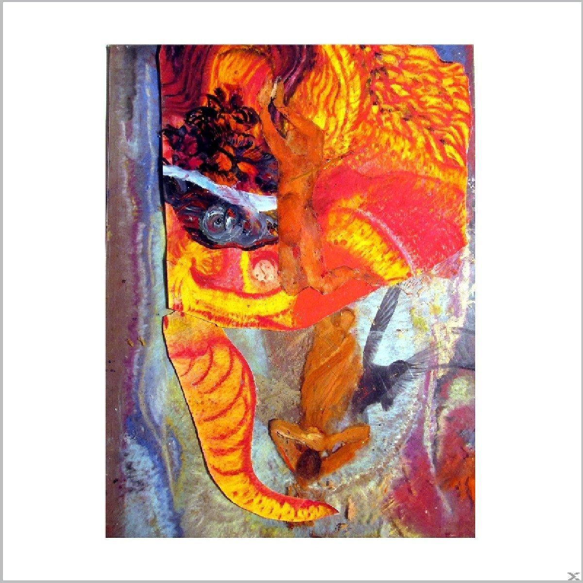 Abstrakte Kunst mit orange, gelben und braunen Farben, mit einer Figur im Zentrum.
