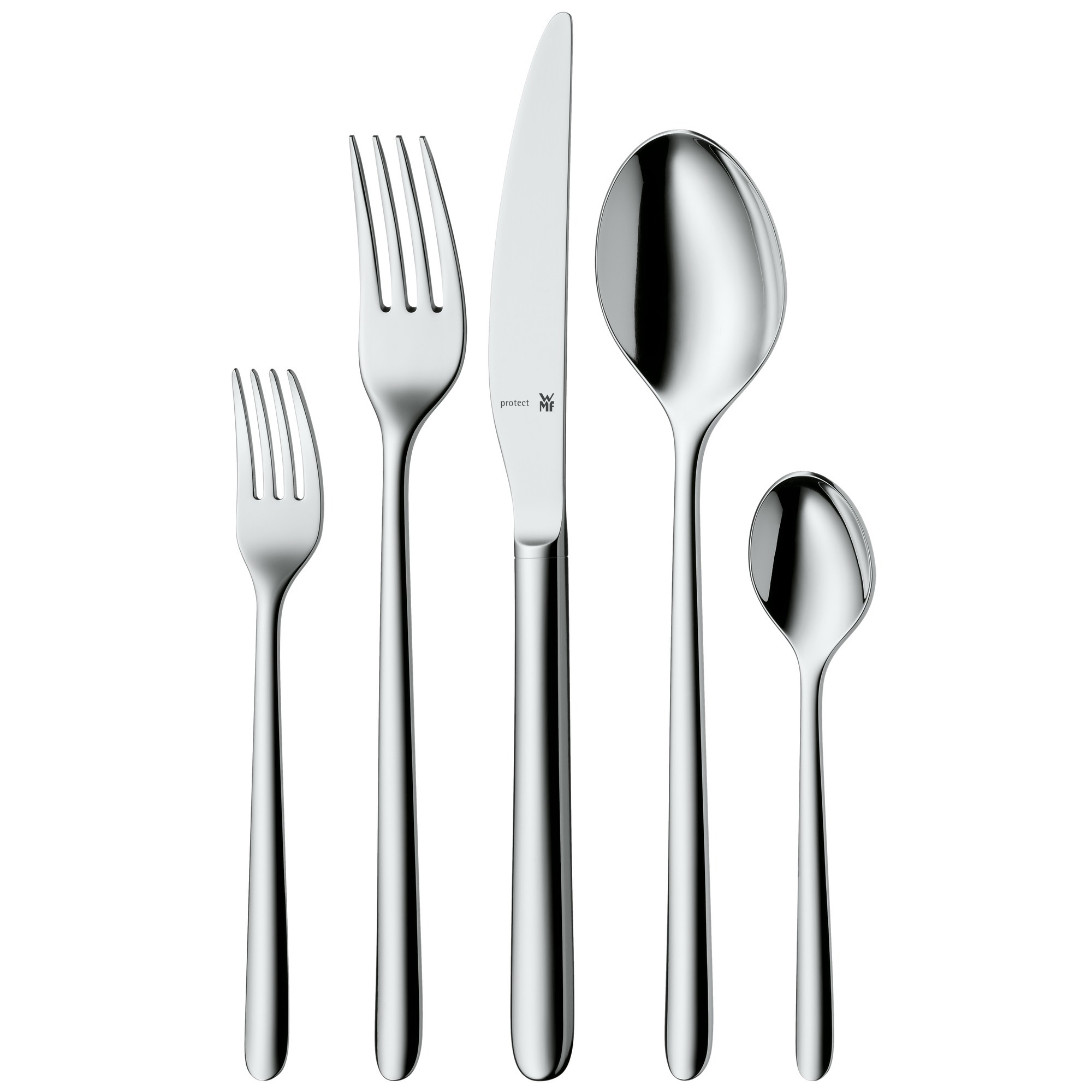 Ein Set aus Besteck: Gabeln, Messer und Löffel. Alle Gegenstände sind glänzend und silberfarben.