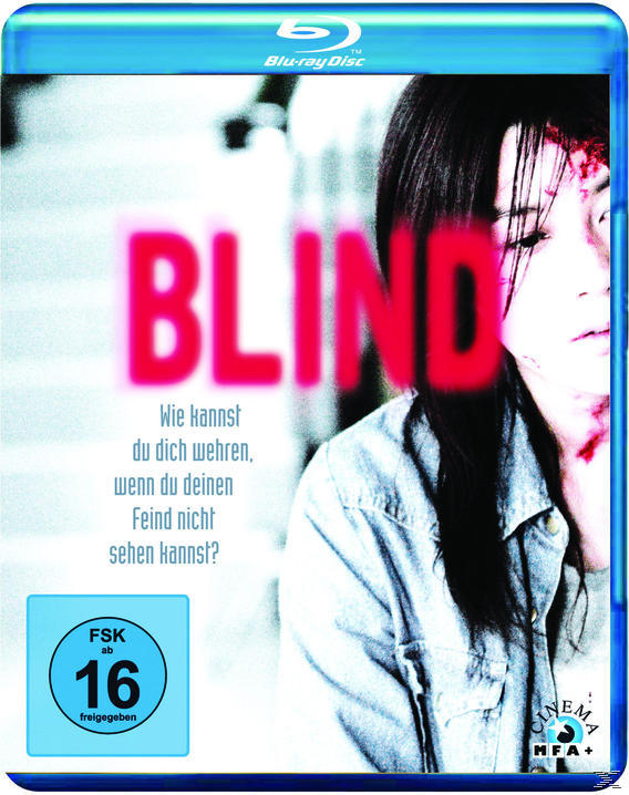 Blu-ray-Cover, eine Frau mit Blut im Gesicht. Das Wort BLIND in Pink. Deutscher Text.