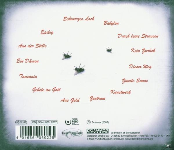Rückseite der CD-Hülle mit Text, Songtiteln und Credits, mit Fliegenbildern.
