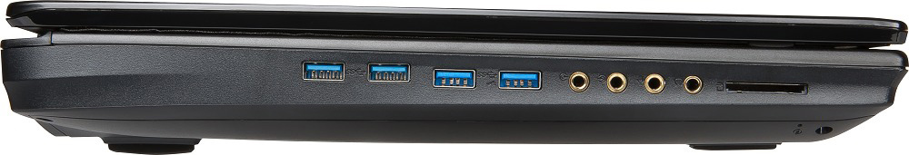 Seitenansicht eines schwarzen Laptops, der Anschlüsse an der Seite zeigt. Inkl. USB, Audio, SD.