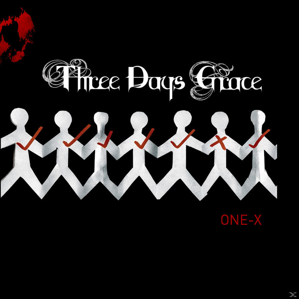 Albumcover von Three Days Grace mit Papierfiguren, die sich an den Händen halten, rotes X.