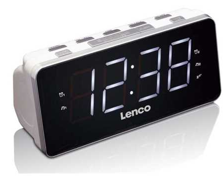 Digital alarm clock. Black screen with white digits showing 12:38. White and grey frame. Lenco brand.