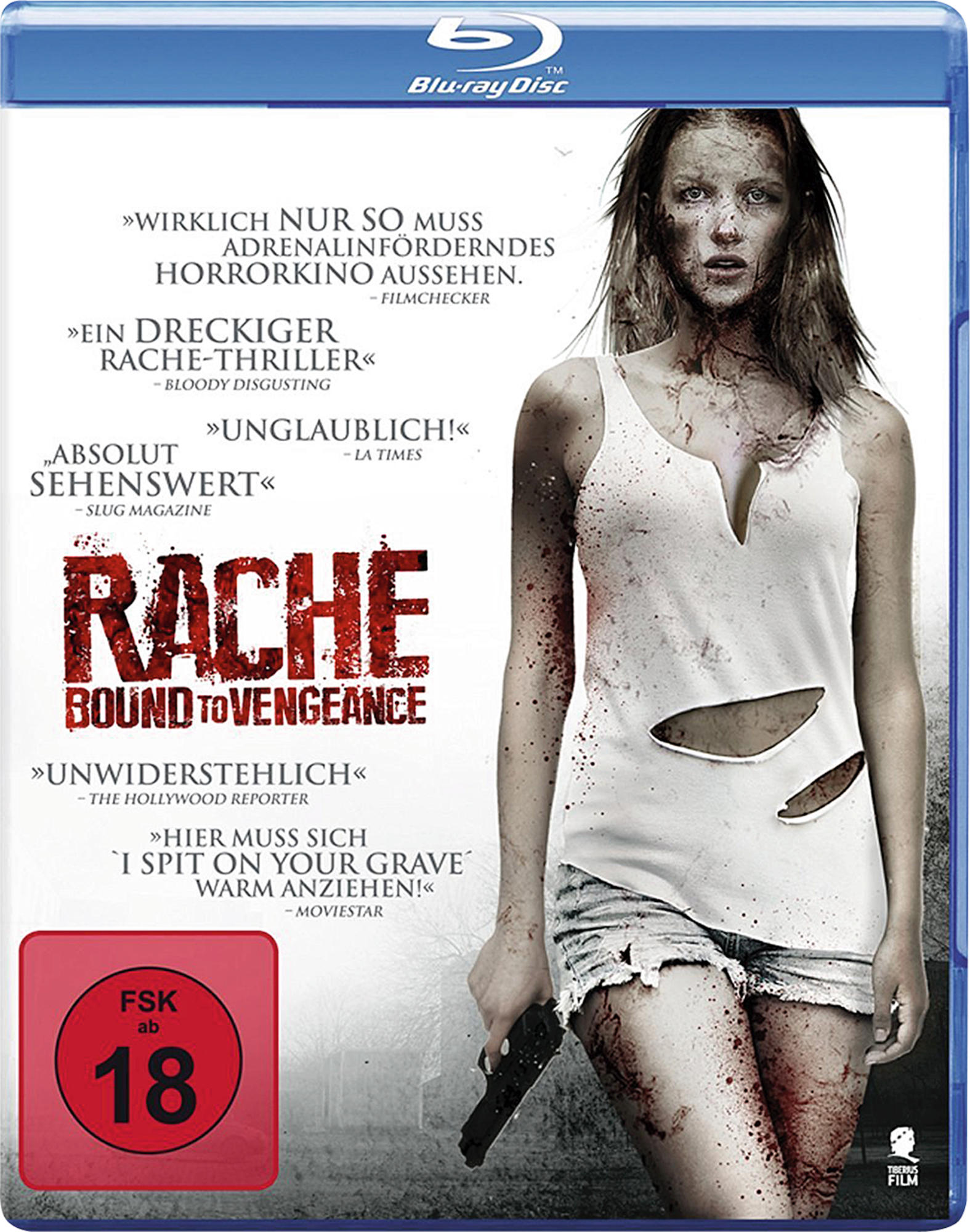 Blu-ray-Cover: Frau mit Blut, Text 'Rache', Filmzitate und eine Altersfreigabe ab 18.