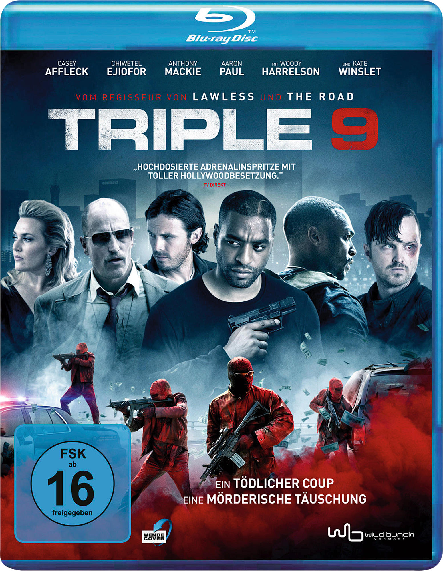 Ein Blu-ray-Cover mit Personen, dem Text 'Triple 9' und den Namen der Schauspieler.