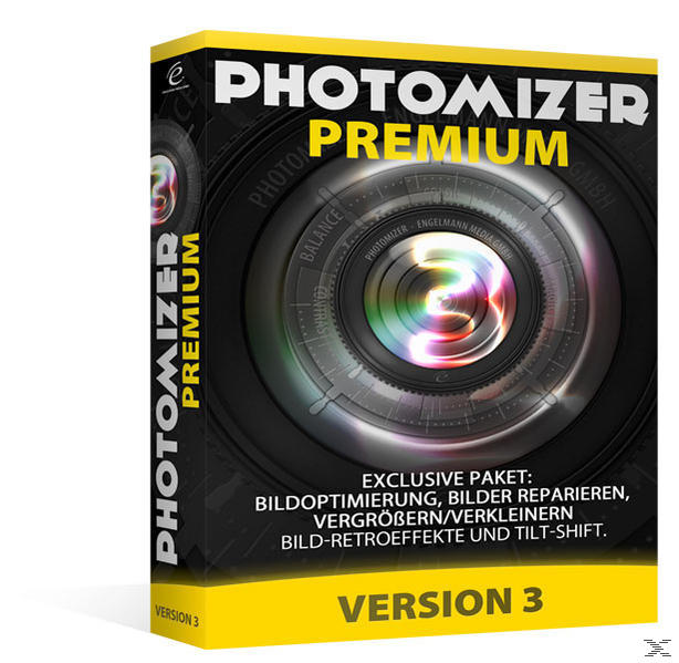 Photomizer Premium Software-Box. Enthält eine Kameralinsen-Grafik und eine Produktbeschreibung.