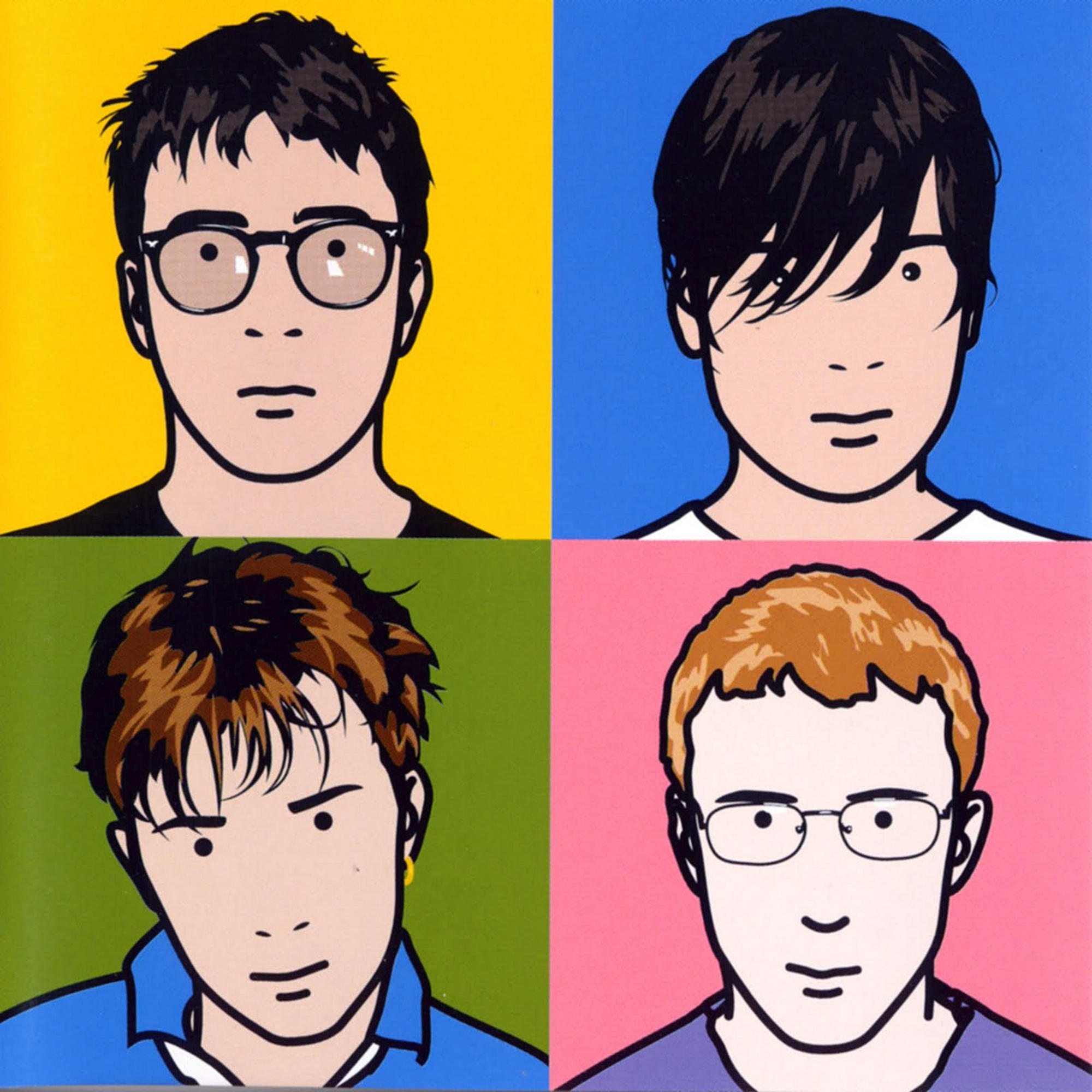 Vier Gesichter im Cartoon-Stil, jedes auf einem andersfarbigen Quadrat: Gelb, Blau, Grün, Rosa.