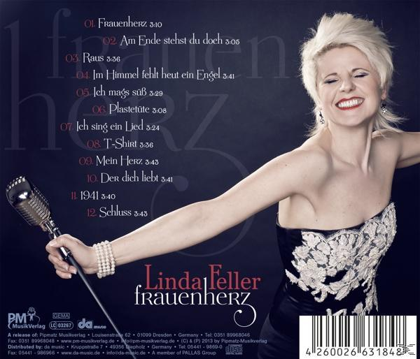 CD-Cover mit einer Frau, die ein Mikrofon hält. Text: Linda Feller, Frauenherz. Veröffentlichungsdatum sichtbar.