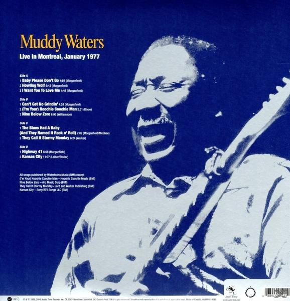 A Muddy Waters 1977. januári montreali élő felvételének albuma. Fekete-fehér kép Muddy Waters-ről.