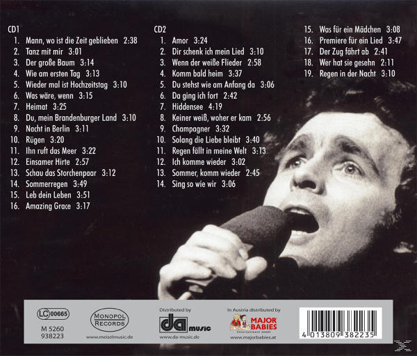 CD-Cover mit einem Mann, der in ein Mikrofon singt. Der Text listet Songs und Albumdetails auf.
