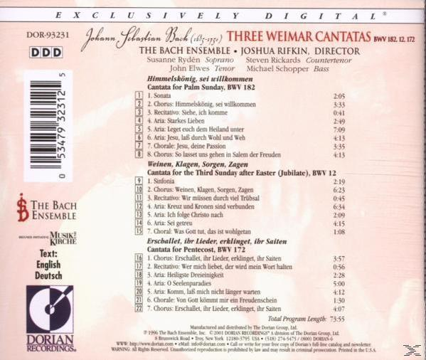 Bach Ensemble - Three Weimar Cantatas BWV 182,12,172  - (CD)