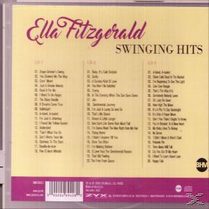 CD-Cover, eine Liste der Songs von Ella Fitzgeralds 'Swinging Hits' mit rosa und hellgelben Farben.