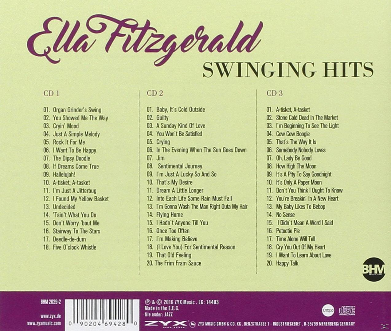 Albumcover: Rückseite mit Titelliste. Ella Fitzgeralds Name oben und 'Swinging Hits' darunter.