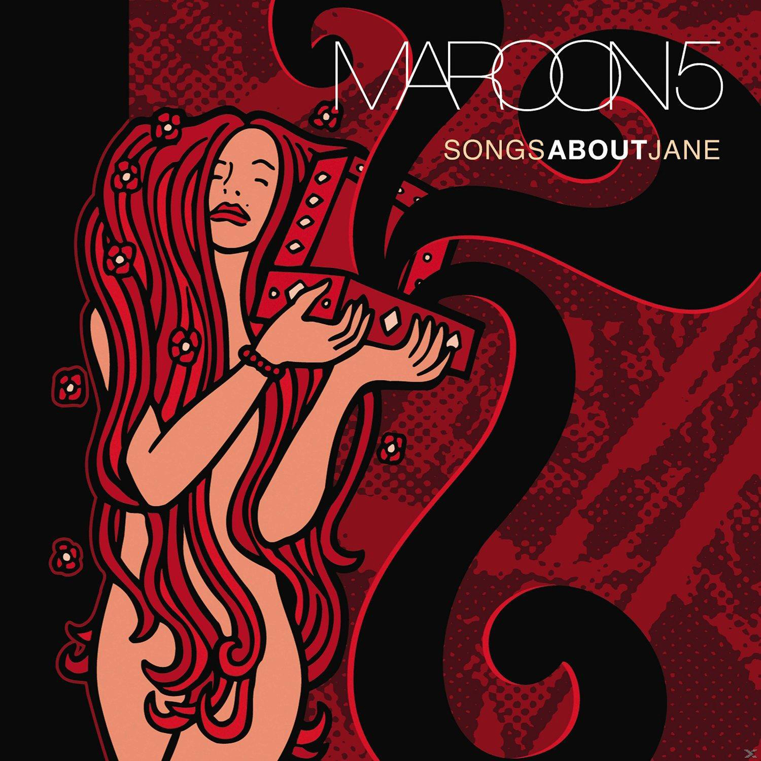Maroon 5 Albumcover. Eine rothaarige Frau hält ein Musikinstrument, umgeben von Blumen.