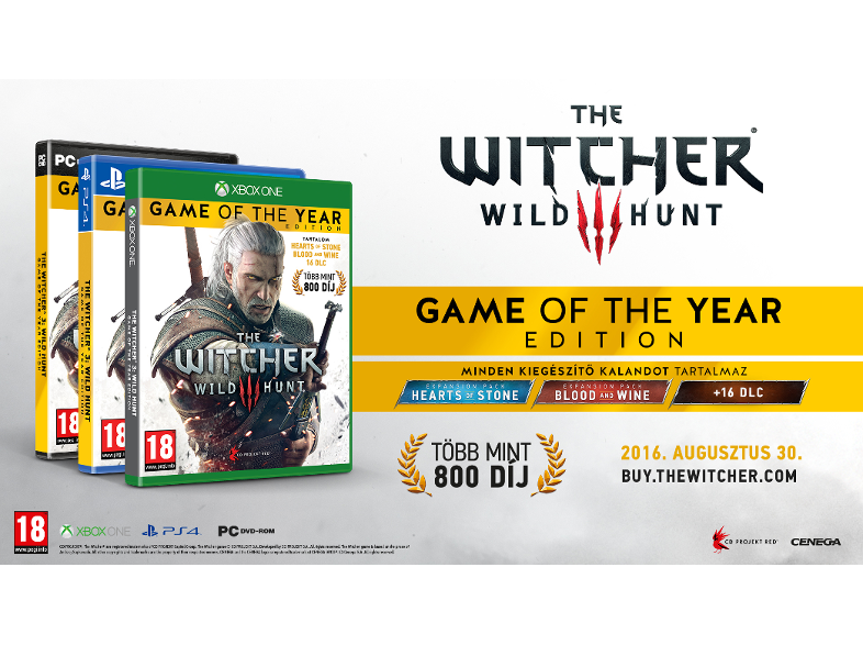Játékborító: The Witcher 3, három játéktokkal és a játék címével.