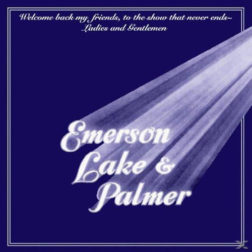 Albumcover. Blauer Hintergrund, weißer Text und Lichtstrahlen. Liest sich 'Emerson Lake & Palmer'.