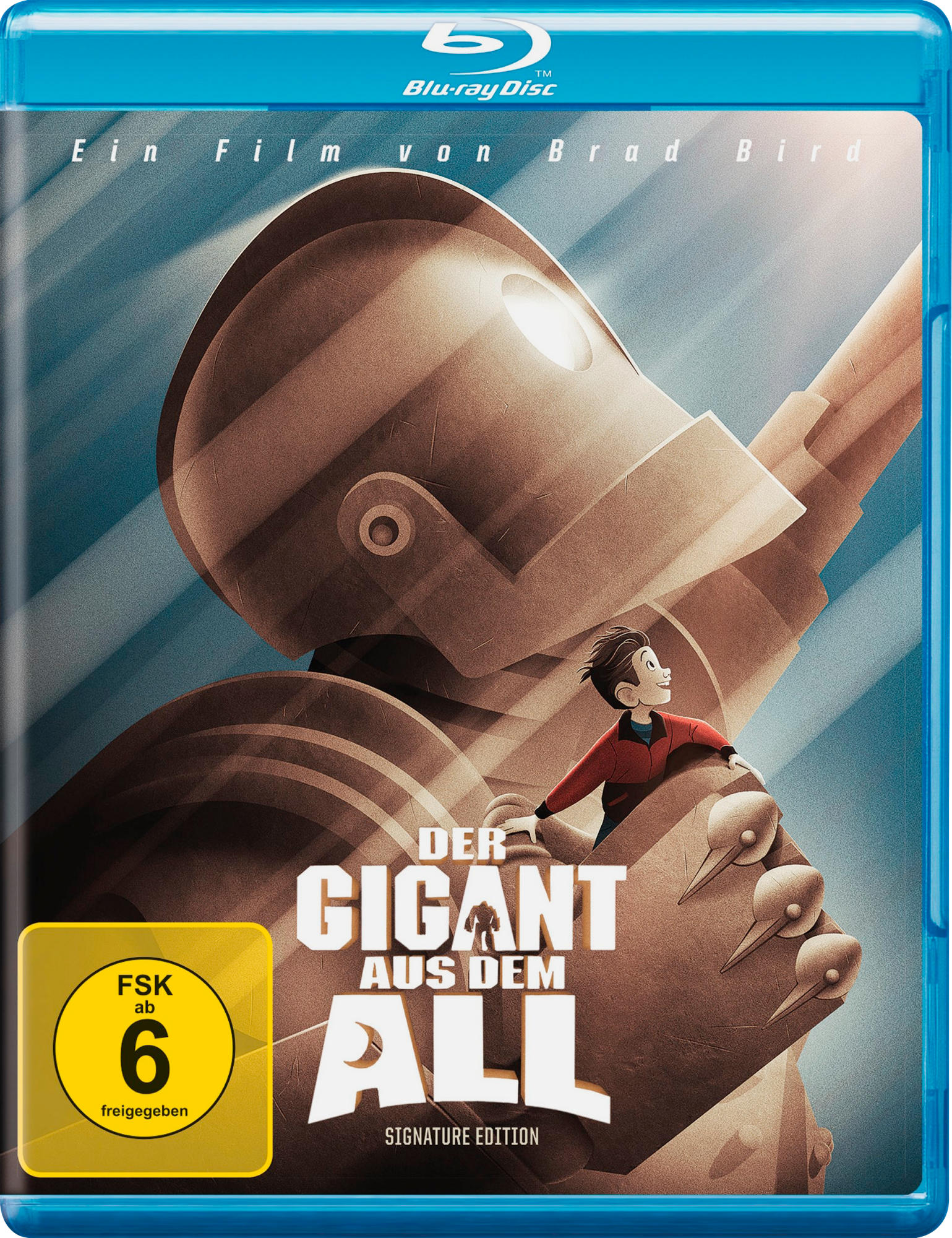 Blu-ray-Disc-Hülle. Illustration eines riesigen Roboters und eines Jungen. Text: Der Gigant aus dem All.