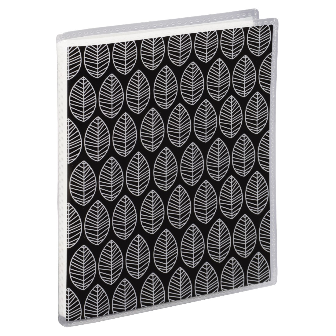 Schwarzes Journal mit weißem Blättermuster. Transparente Kunststoffhülle. Lehnt auf weißem Hintergrund.